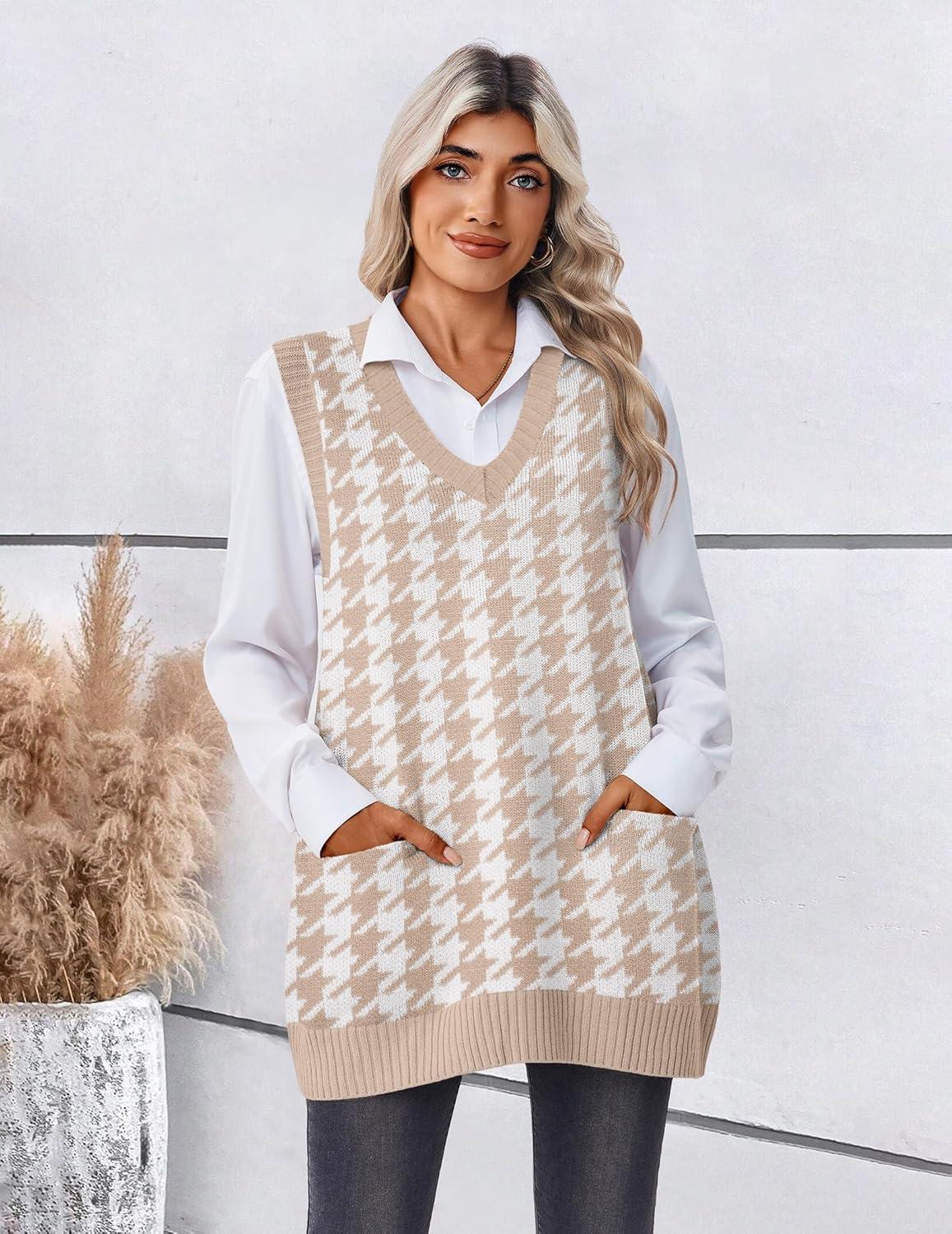imageZeagoo Womens Sweater Vest 2026 Oversized Sleeveless V Neck Pullovers with Pocket Knitted Fall OutfitsKhaki Houndstooth