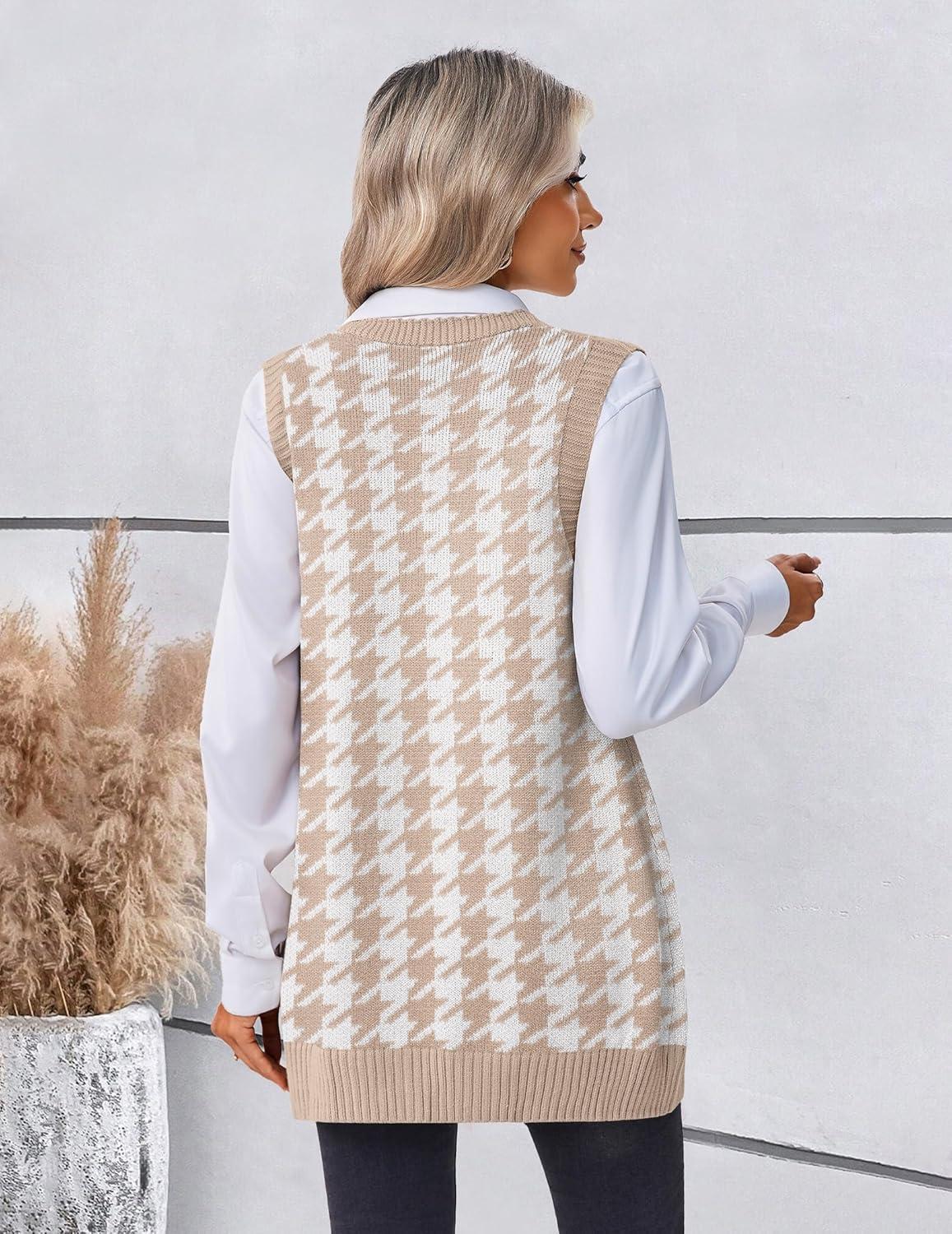 imageZeagoo Womens Sweater Vest 2026 Oversized Sleeveless V Neck Pullovers with Pocket Knitted Fall OutfitsKhaki Houndstooth
