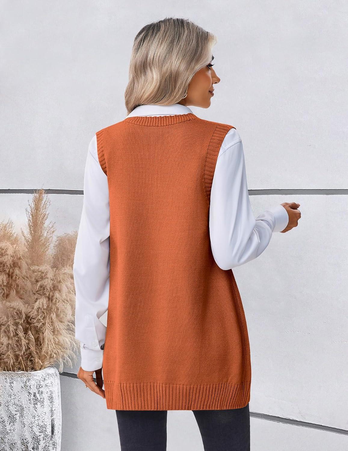 imageZeagoo Womens Sweater Vest 2026 Oversized Sleeveless V Neck Pullovers with Pocket Knitted Fall OutfitsOrange
