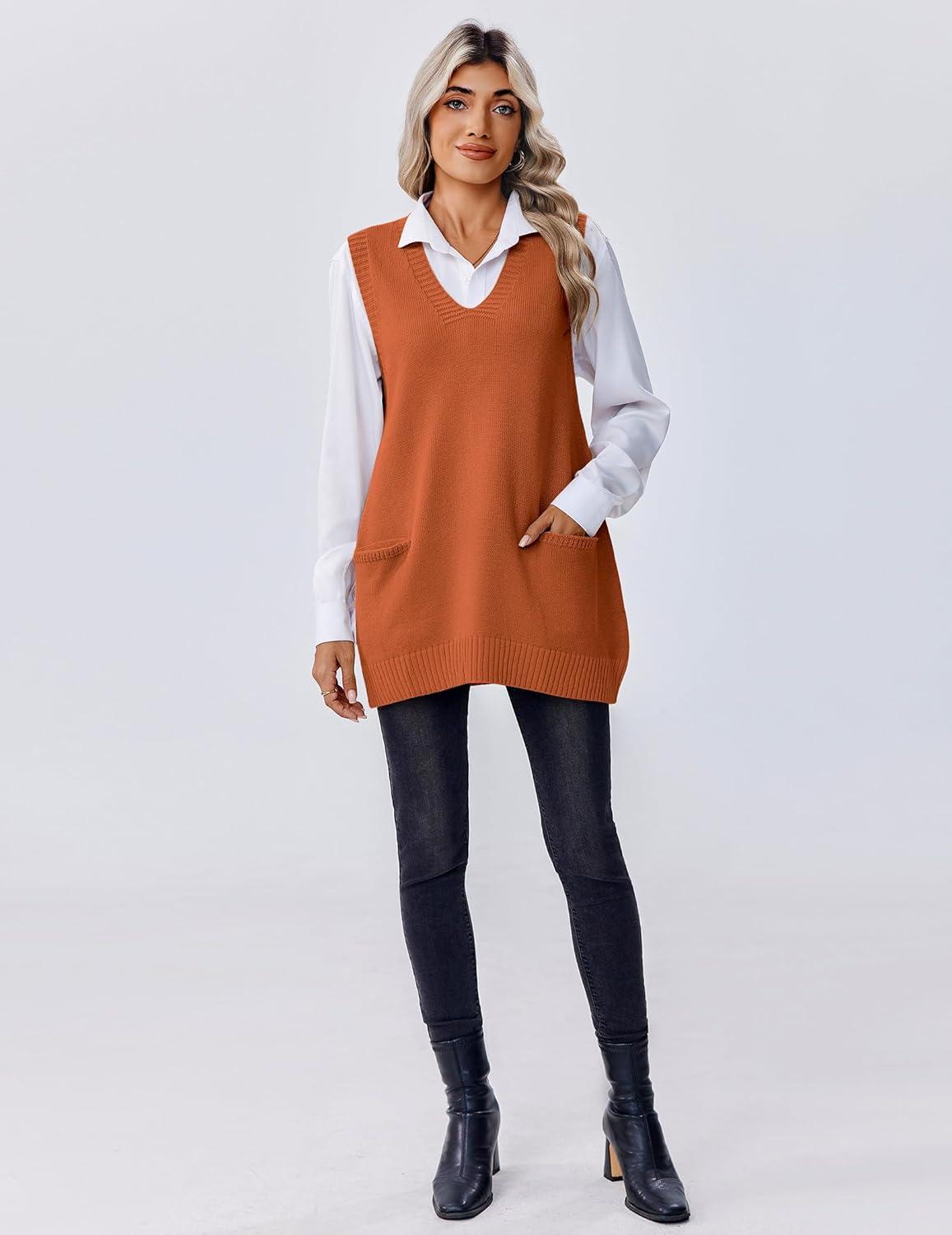 imageZeagoo Womens Sweater Vest 2026 Oversized Sleeveless V Neck Pullovers with Pocket Knitted Fall OutfitsOrange