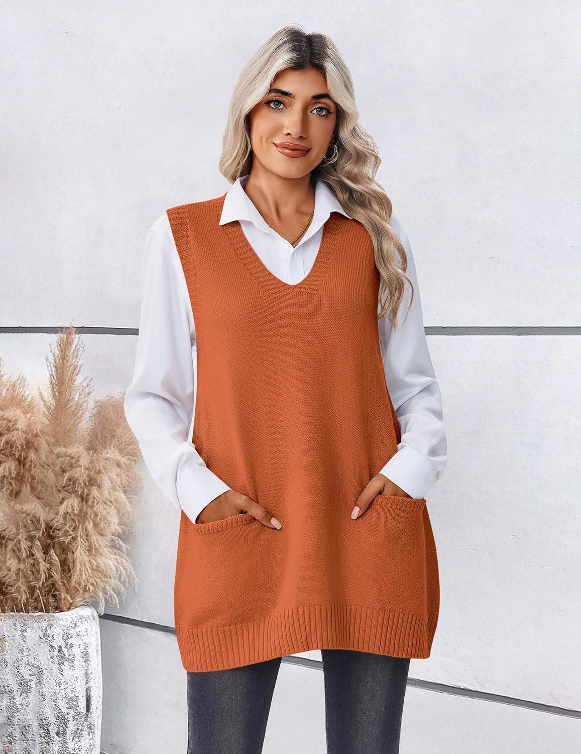 imageZeagoo Womens Sweater Vest 2026 Oversized Sleeveless V Neck Pullovers with Pocket Knitted Fall OutfitsOrange