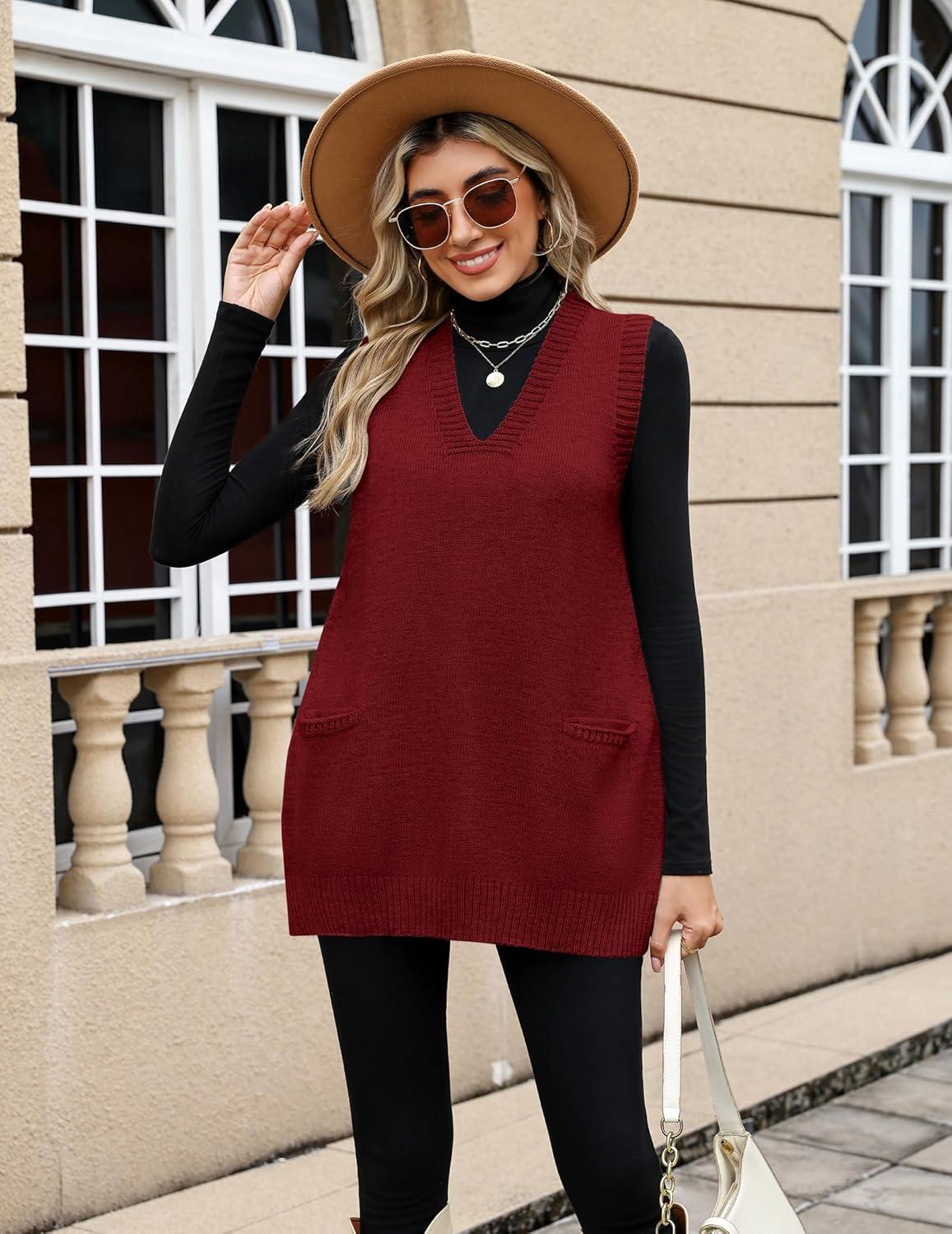 imageZeagoo Womens Sweater Vest 2026 Oversized Sleeveless V Neck Pullovers with Pocket Knitted Fall OutfitsWine Red