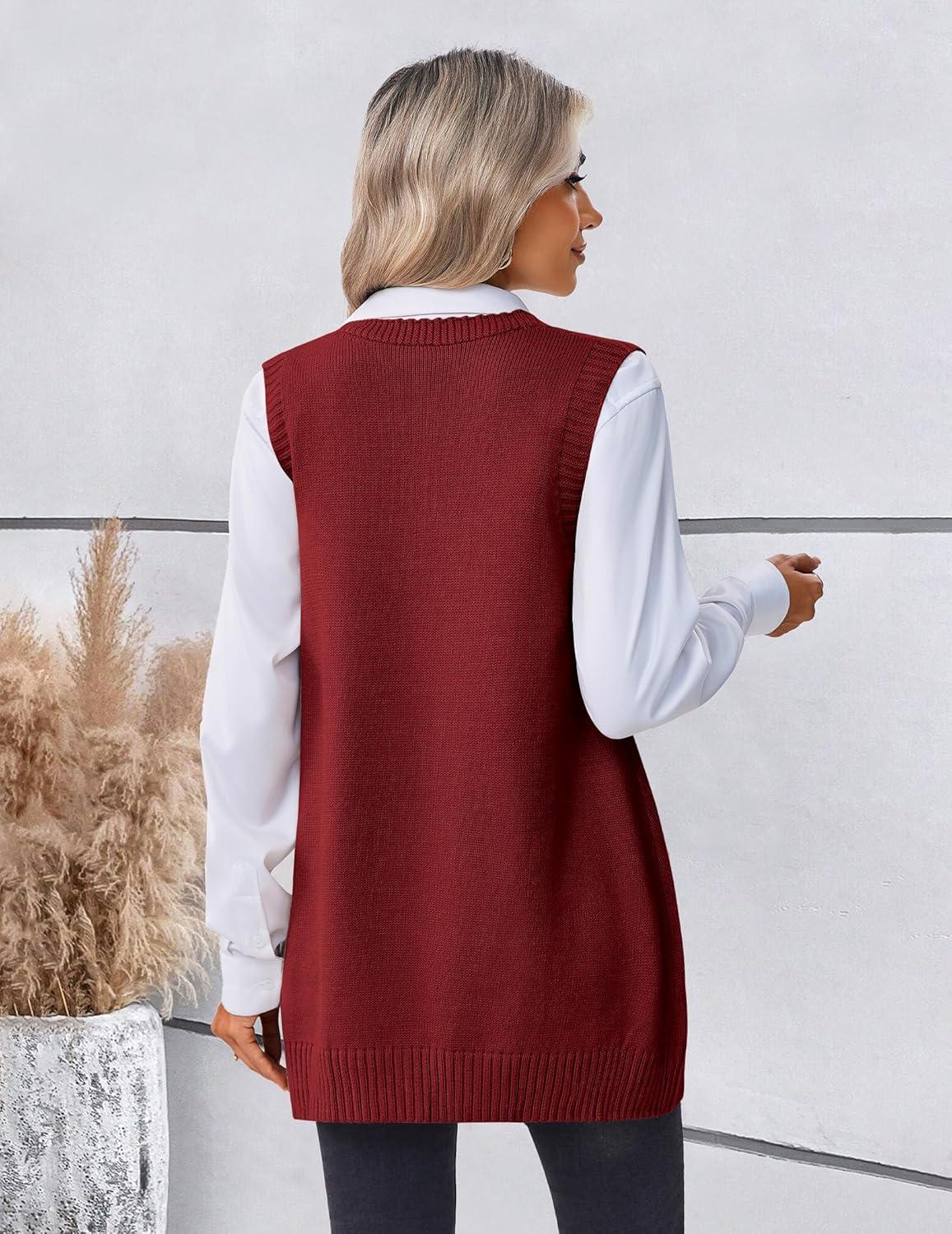 imageZeagoo Womens Sweater Vest 2026 Oversized Sleeveless V Neck Pullovers with Pocket Knitted Fall OutfitsWine Red