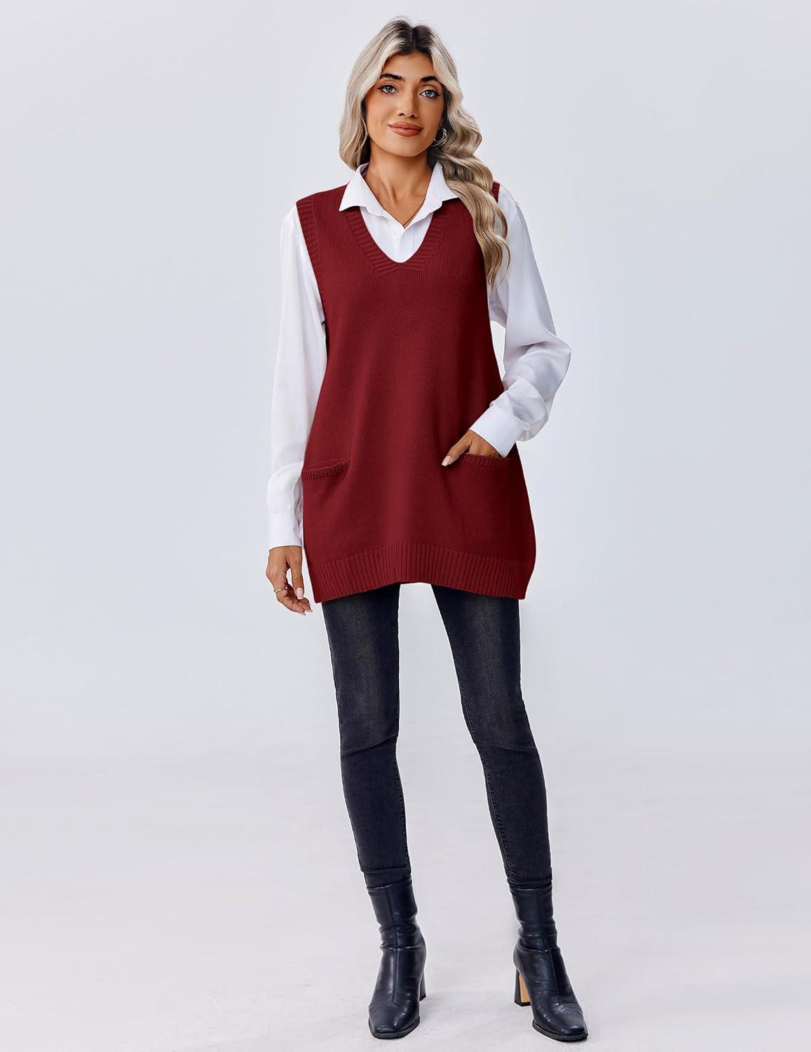 imageZeagoo Womens Sweater Vest 2026 Oversized Sleeveless V Neck Pullovers with Pocket Knitted Fall OutfitsWine Red