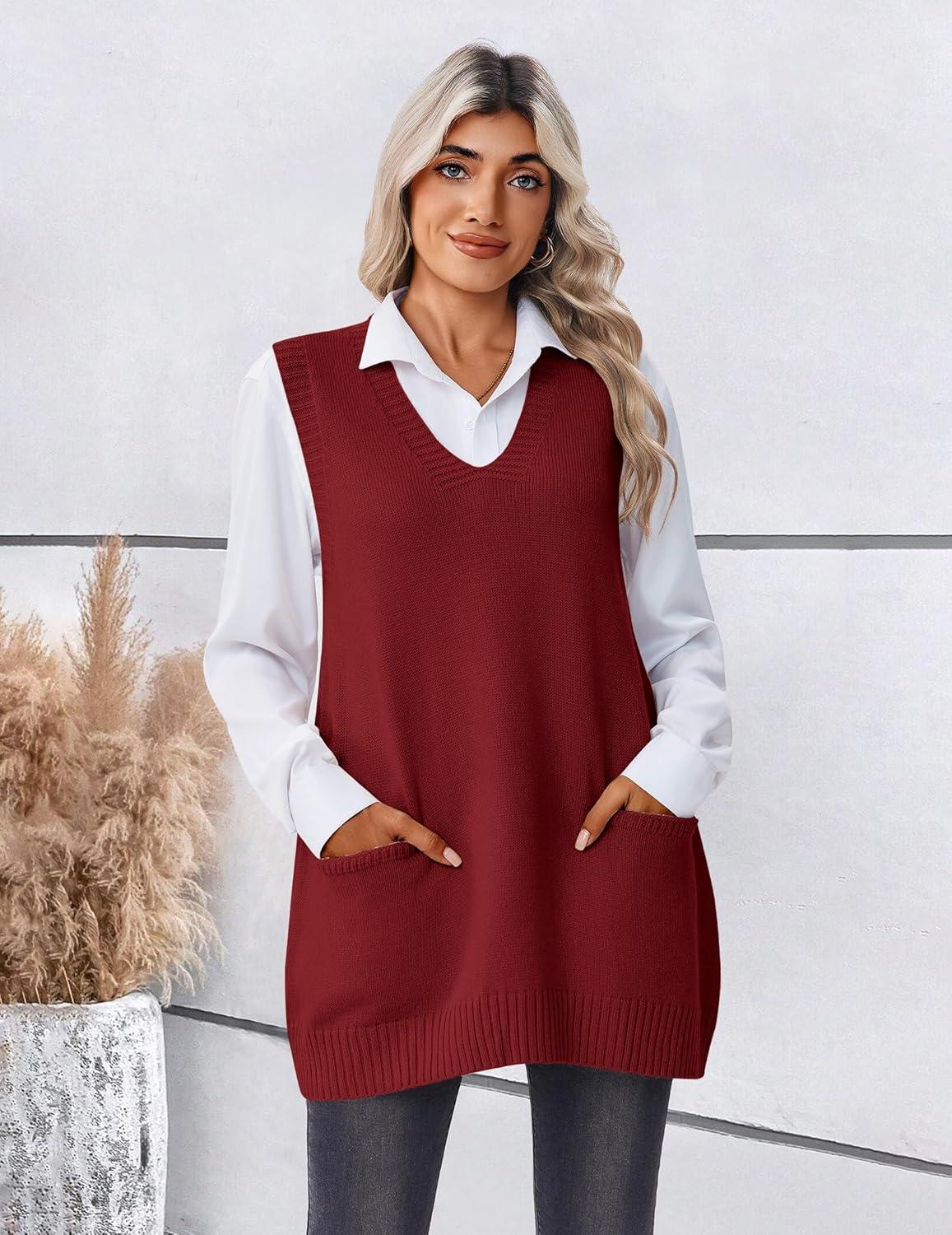 imageZeagoo Womens Sweater Vest 2026 Oversized Sleeveless V Neck Pullovers with Pocket Knitted Fall OutfitsWine Red