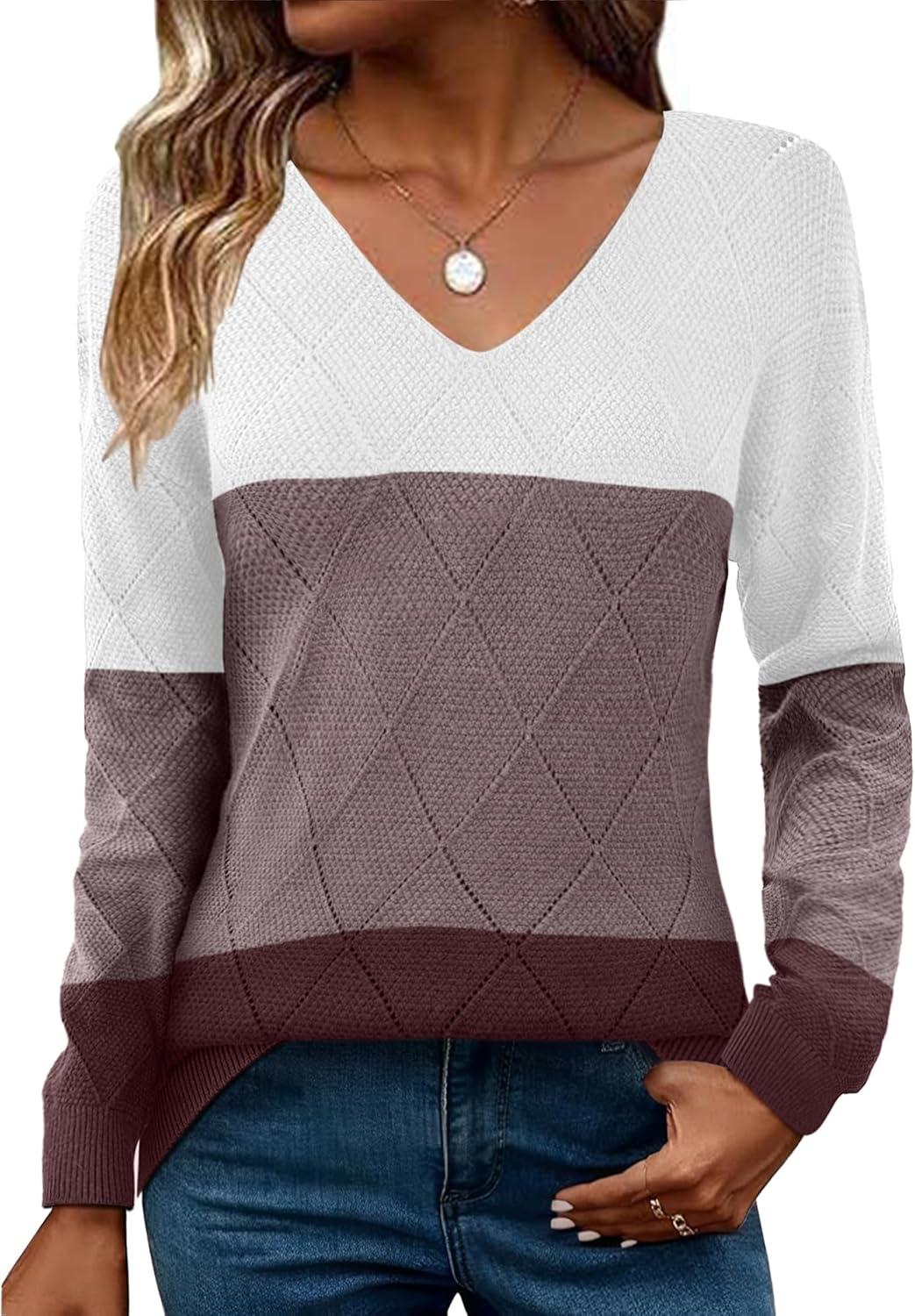 imageZeagoo Womens Sweaters Fall 2026 Long Sleeve Knit Pullover V Neck Lightweight Crochet Sweater Tops Dressy CasualColorblock Jh284