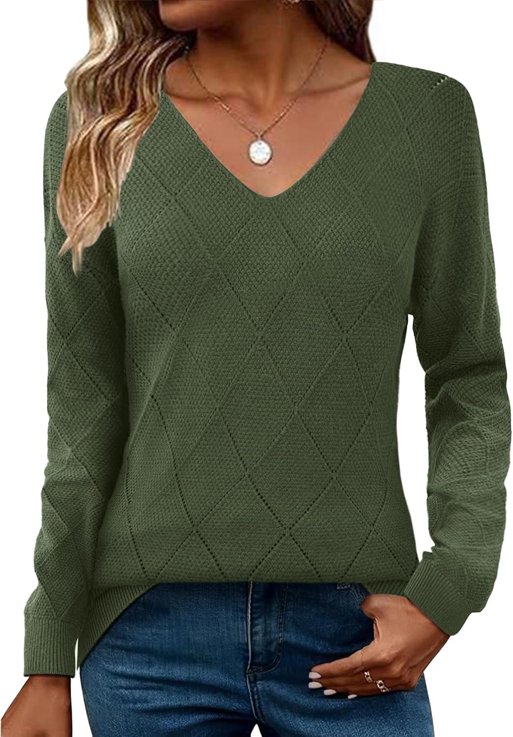imageZeagoo Womens Sweaters Fall 2026 Long Sleeve Knit Pullover V Neck Lightweight Crochet Sweater Tops Dressy CasualGreen