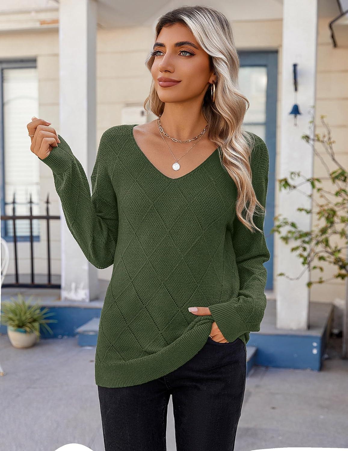 imageZeagoo Womens Sweaters Fall 2026 Long Sleeve Knit Pullover V Neck Lightweight Crochet Sweater Tops Dressy CasualGreen