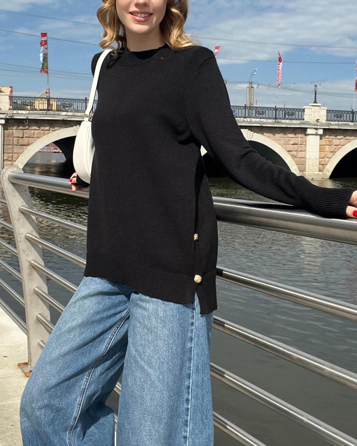 imageZeagoo Womens Sweaters Loose Knit Side Button 2025 Fall Fashion Trendy Casual Pullover Tops ClothesBlack