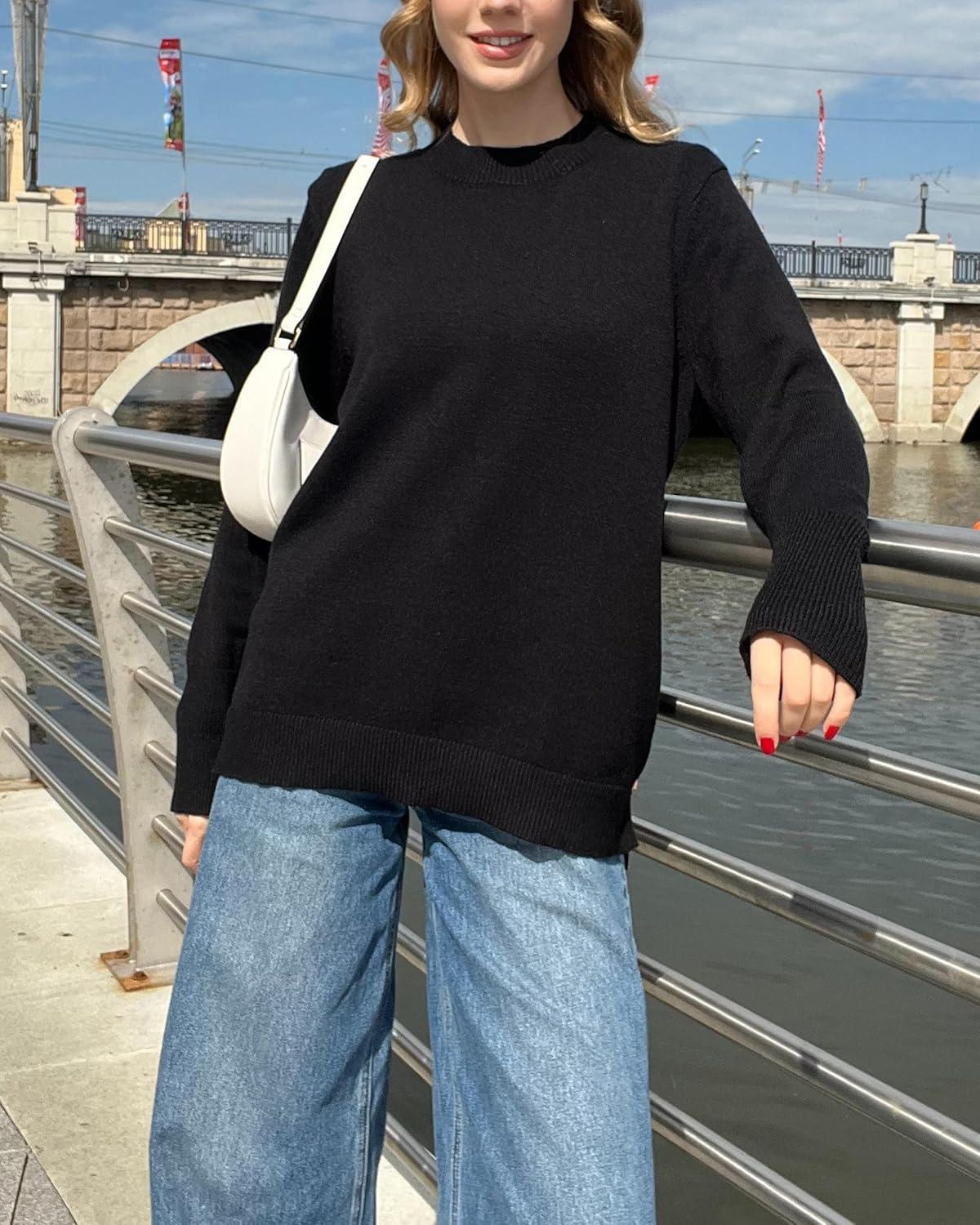 imageZeagoo Womens Sweaters Loose Knit Side Button 2025 Fall Fashion Trendy Casual Pullover Tops ClothesBlack