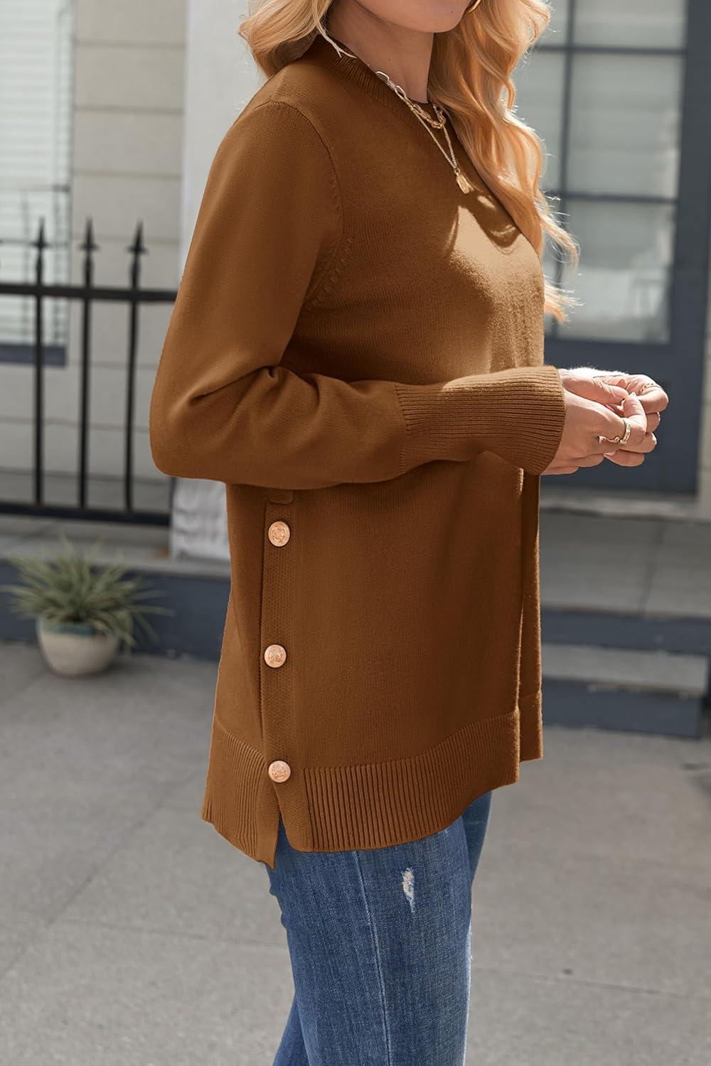 imageZeagoo Womens Sweaters Loose Knit Side Button 2025 Fall Fashion Trendy Casual Pullover Tops ClothesBrown