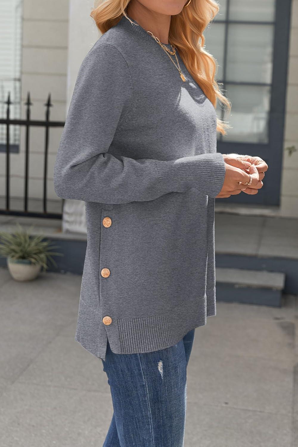 imageZeagoo Womens Sweaters Loose Knit Side Button 2025 Fall Fashion Trendy Casual Pullover Tops ClothesGrey