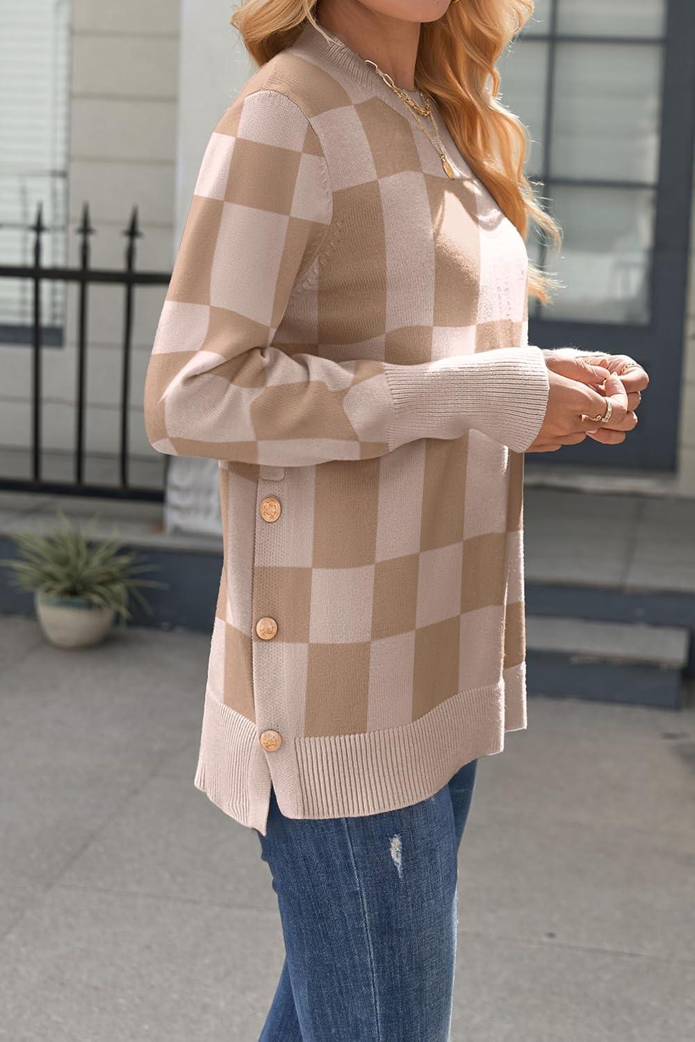 imageZeagoo Womens Sweaters Loose Knit Side Button 2025 Fall Fashion Trendy Casual Pullover Tops ClothesKhakiplaid