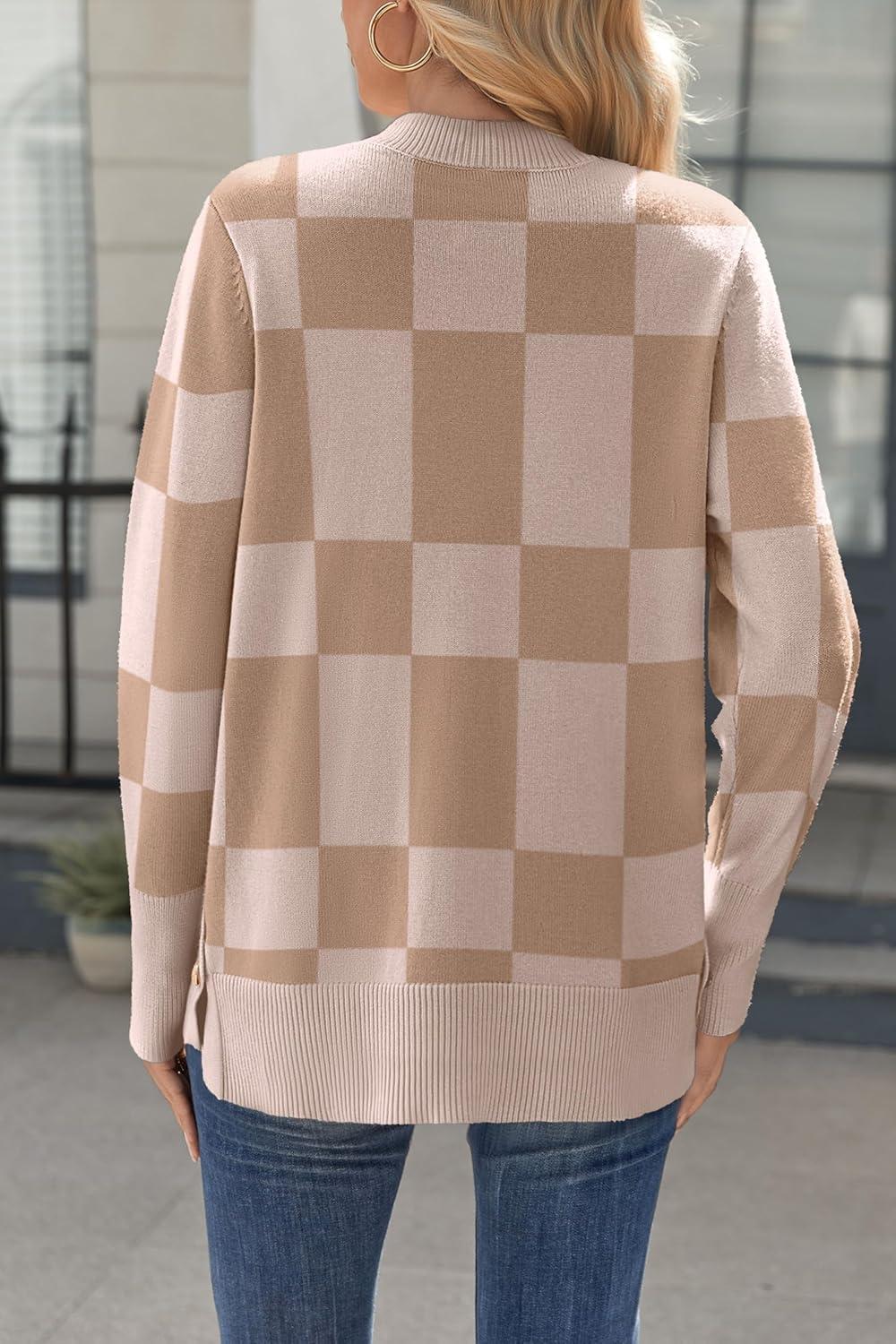 imageZeagoo Womens Sweaters Loose Knit Side Button 2025 Fall Fashion Trendy Casual Pullover Tops ClothesKhakiplaid