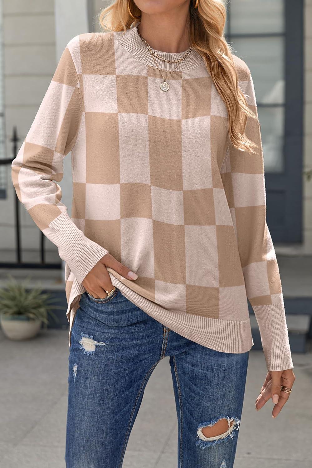 imageZeagoo Womens Sweaters Loose Knit Side Button 2025 Fall Fashion Trendy Casual Pullover Tops ClothesKhakiplaid