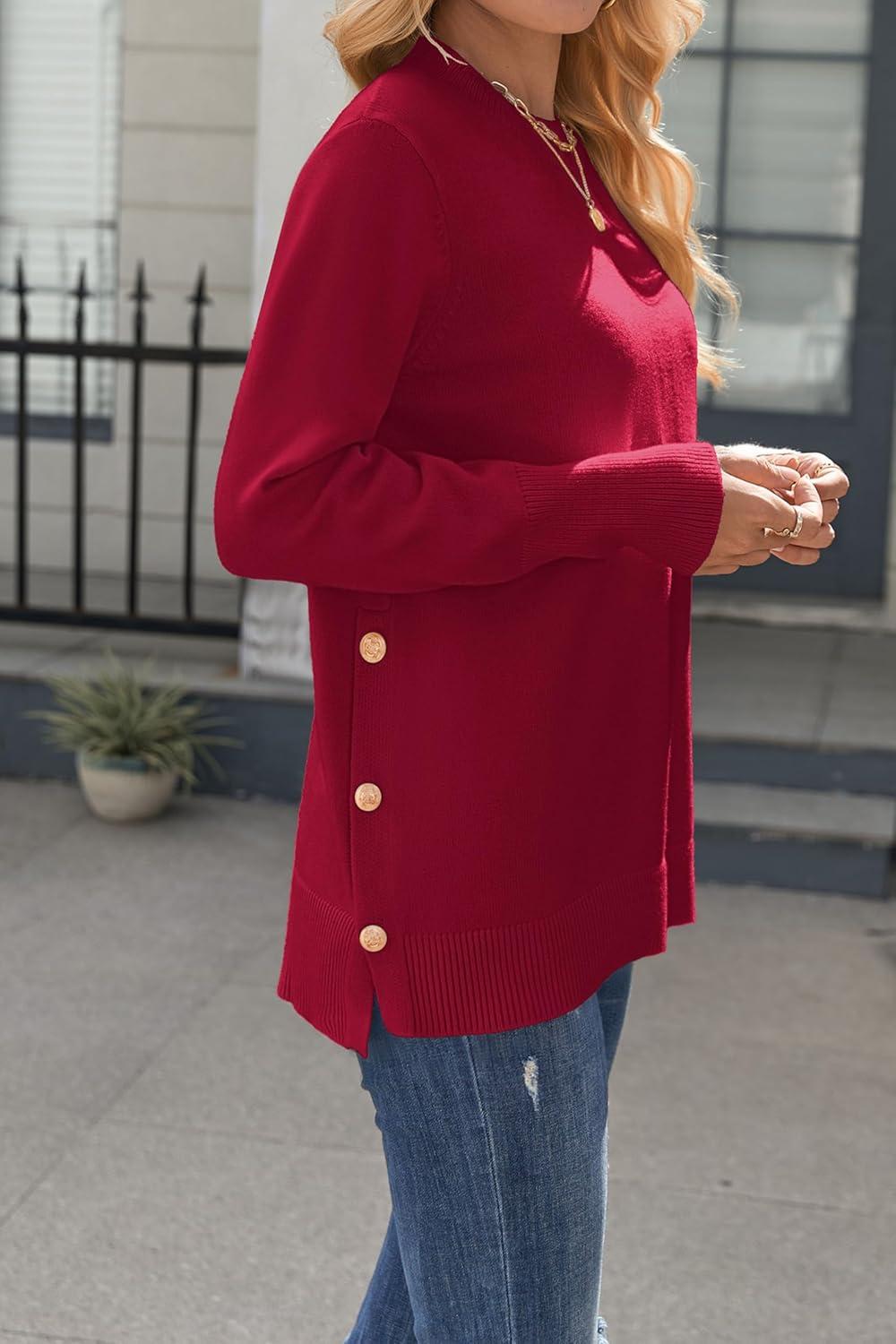 imageZeagoo Womens Sweaters Loose Knit Side Button 2025 Fall Fashion Trendy Casual Pullover Tops ClothesRed
