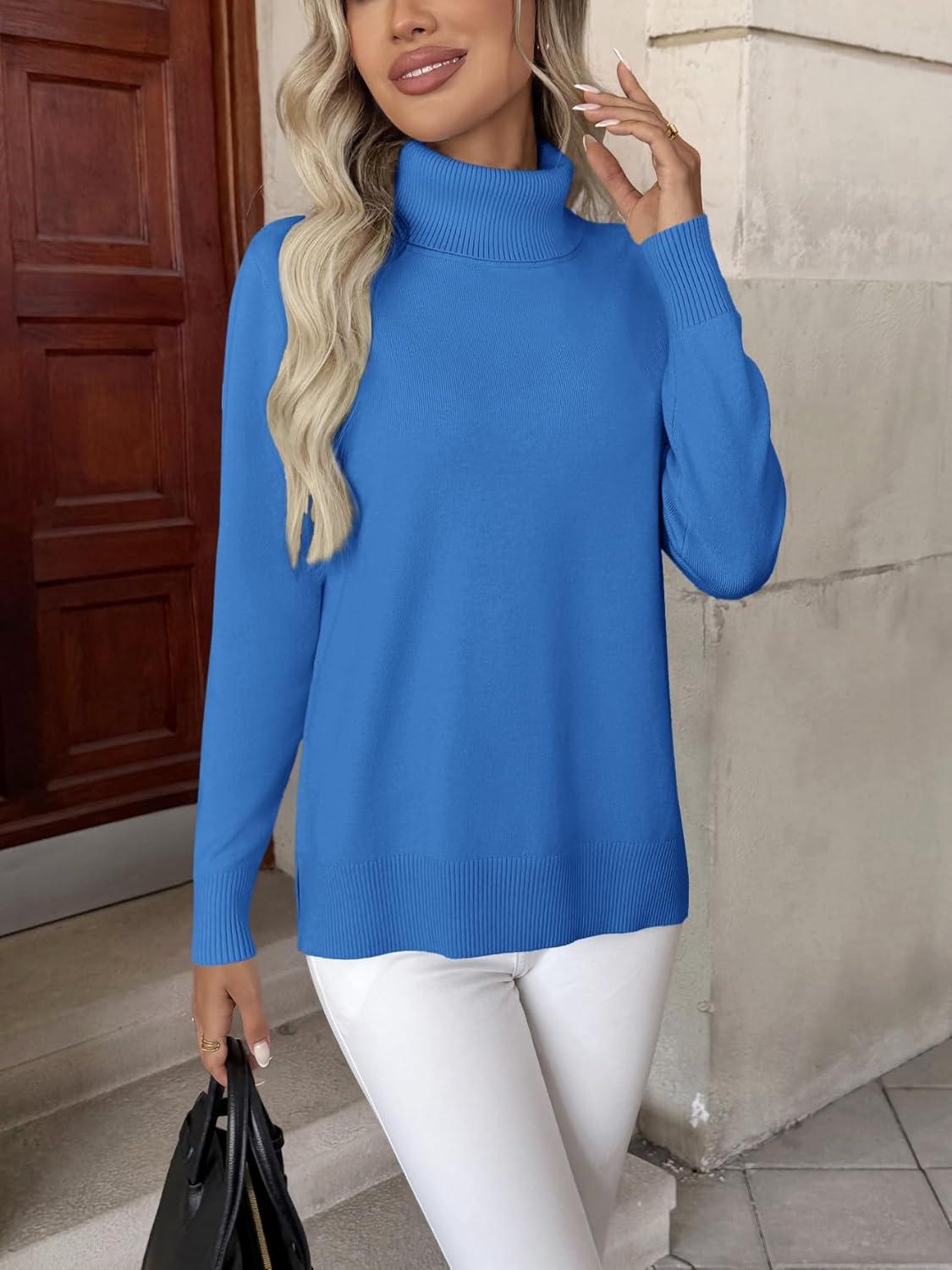 imageZeagoo Womens Turtleneck Sweater Long Sleeve Spilt Hem Casual Knit Pullover Chunky Fall Winter Jumper Top 2026Bright Blue