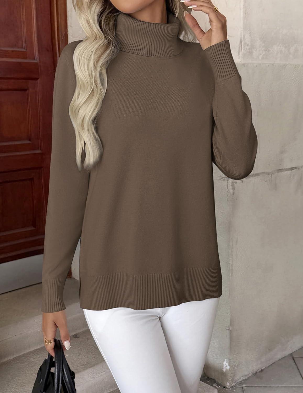 imageZeagoo Womens Turtleneck Sweater Long Sleeve Spilt Hem Casual Knit Pullover Chunky Fall Winter Jumper Top 2026Brown