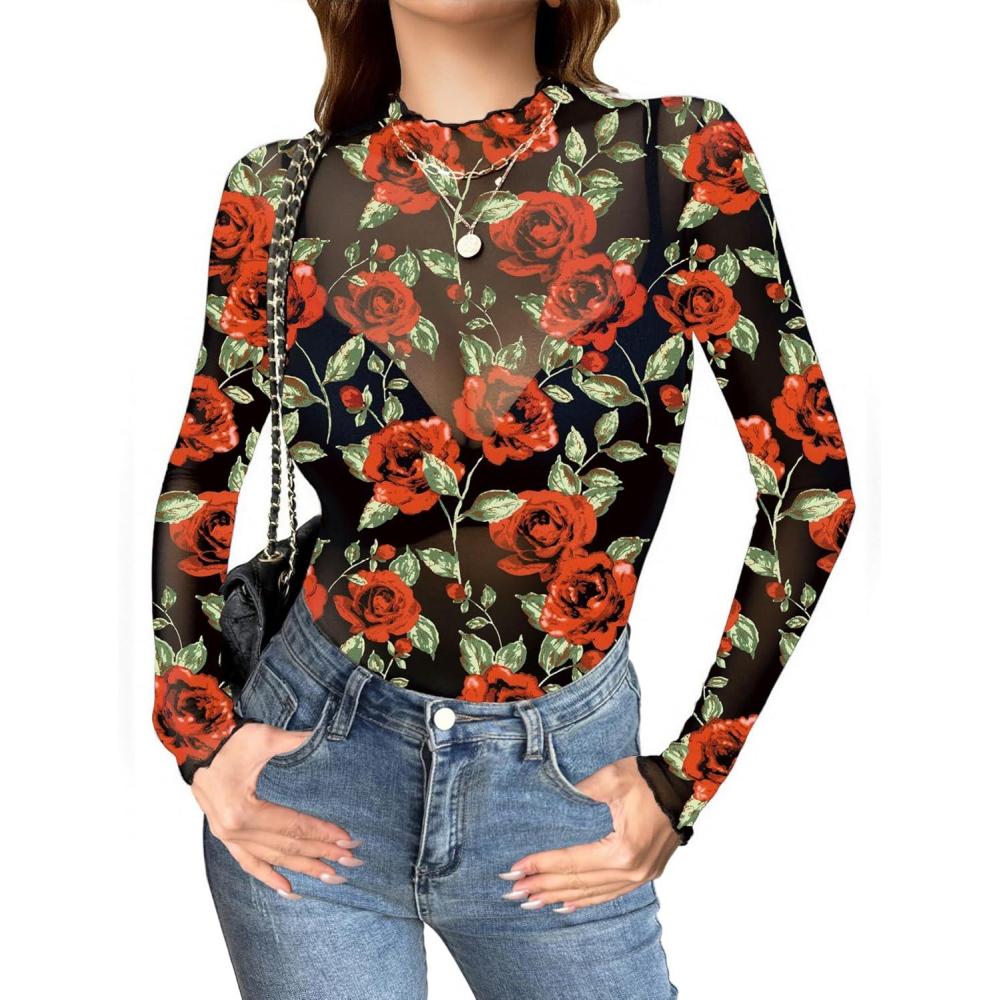 imageZEAGOO Womens Mesh Long Sleeve Tops Mock Neck Going Out See Through Shirts Sexy Sheer Blouses Clubwear SXXLDh107