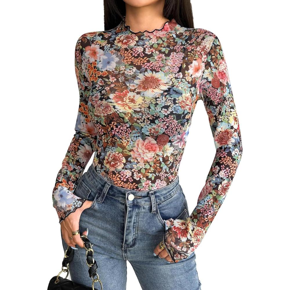 imageZEAGOO Womens Mesh Long Sleeve Tops Mock Neck Going Out See Through Shirts Sexy Sheer Blouses Clubwear SXXLWf66