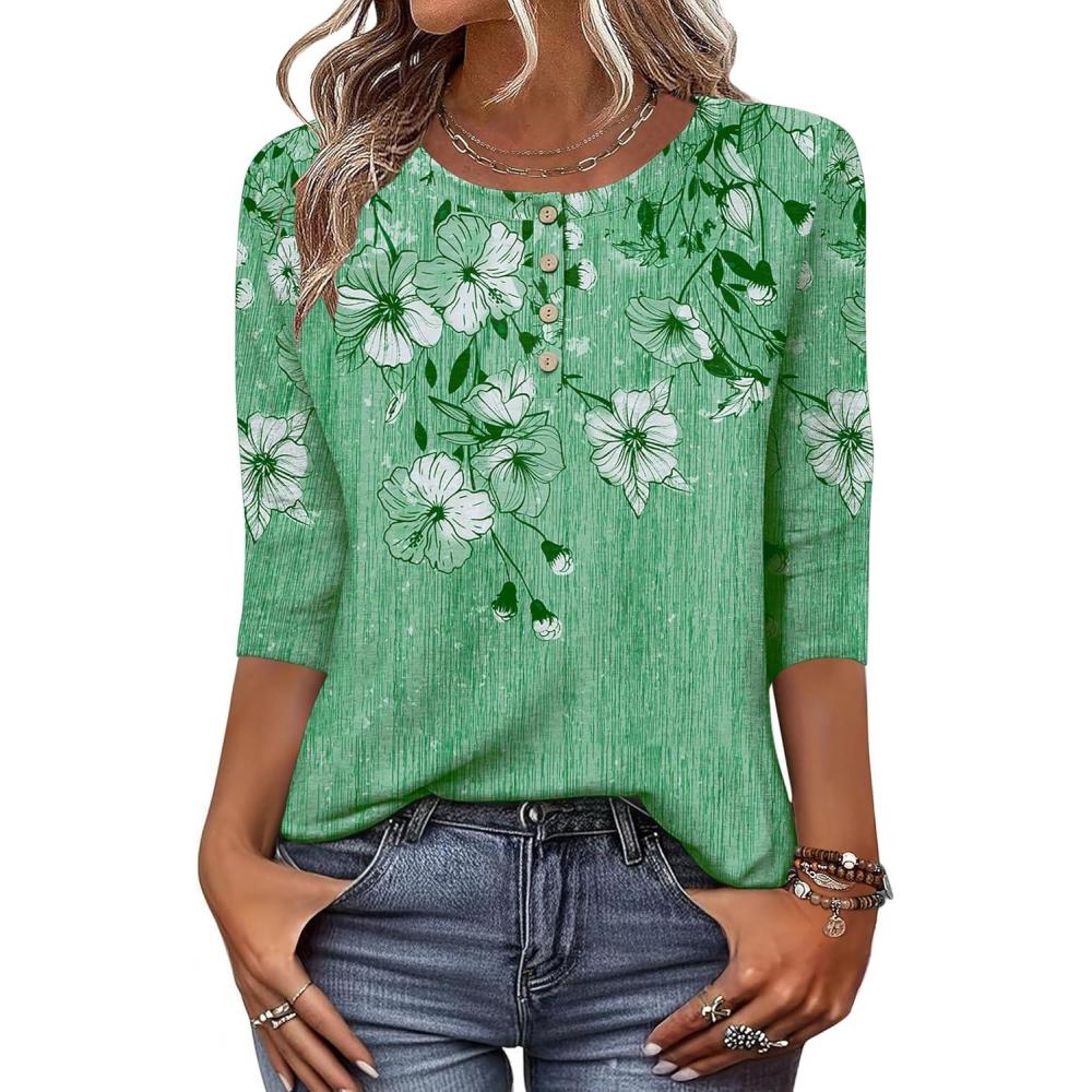 imageZeagoo 34 Length Sleeve Women Tops Crew Neck Blouses Dressy Casual Summer T Shirts Loose Fit Business Work ClothesBf180green Flower