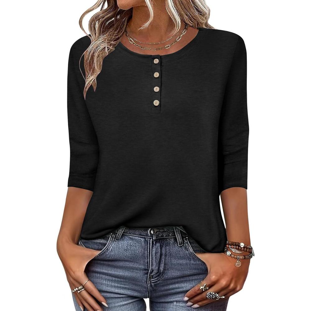 imageZeagoo 34 Length Sleeve Women Tops Crew Neck Blouses Dressy Casual Summer T Shirts Loose Fit Business Work ClothesBlack