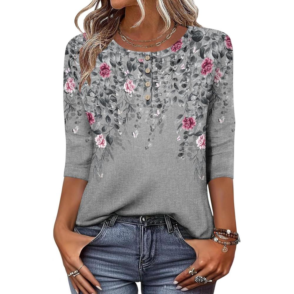imageZeagoo 34 Length Sleeve Women Tops Crew Neck Blouses Dressy Casual Summer T Shirts Loose Fit Business Work ClothesHf36grey Leaves