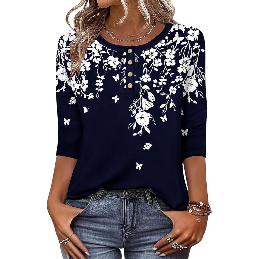 imageZeagoo 34 Length Sleeve Women Tops Crew Neck Blouses Dressy Casual Summer T Shirts Loose Fit Business Work ClothesSf103navy Blue Leaves