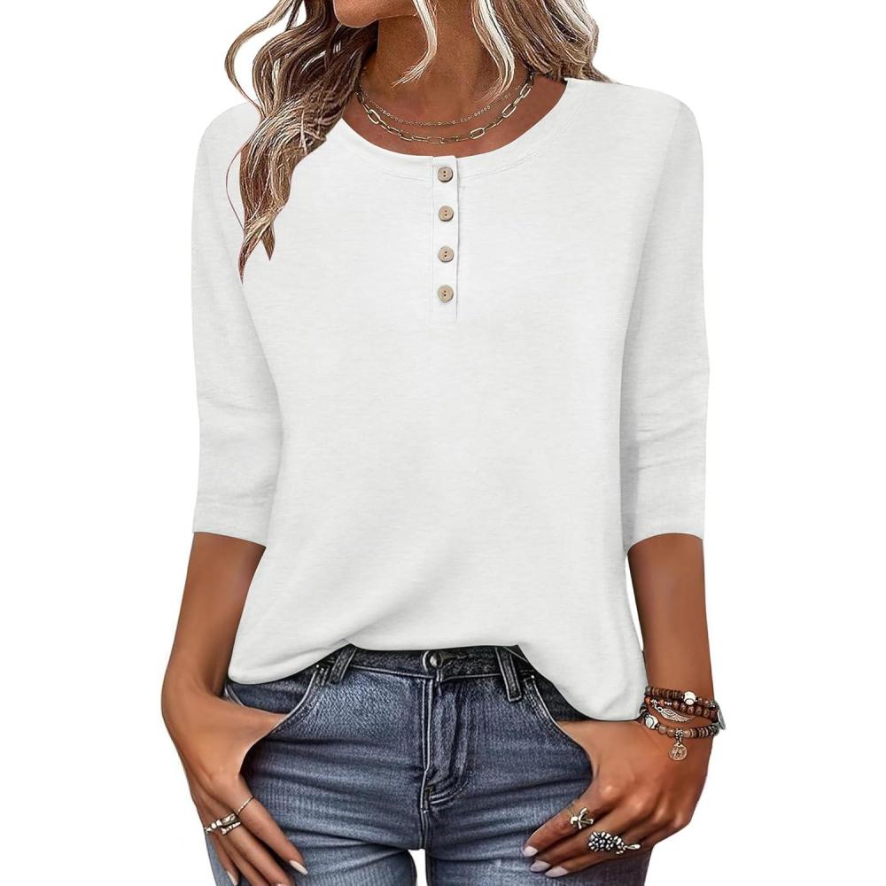 imageZeagoo 34 Length Sleeve Women Tops Crew Neck Blouses Dressy Casual Summer T Shirts Loose Fit Business Work ClothesWhite