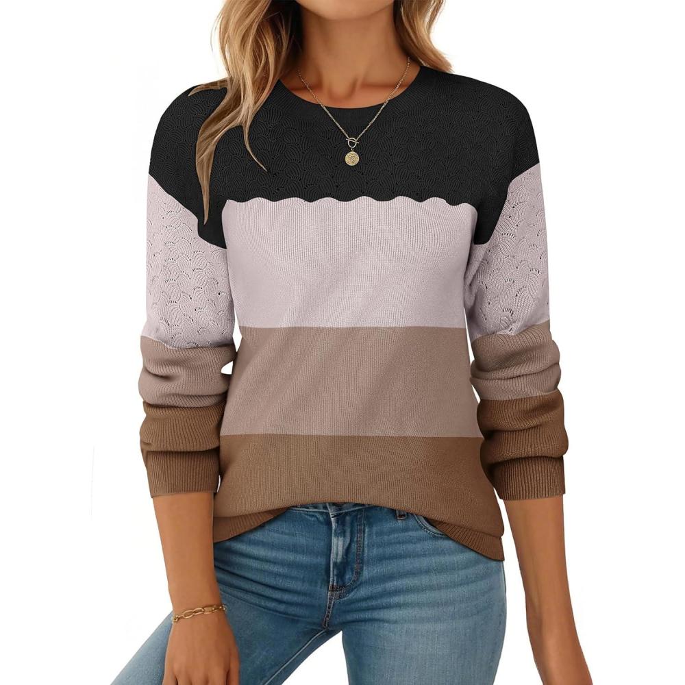 imageZeagoo Fall Sweaters for Women 2025 Casual Crewneck Knit Long Sleeve Loose Pullover Sweater Outfits TopsBlack Brown Striped