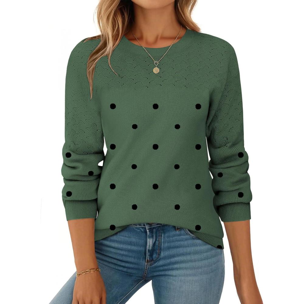 imageZeagoo Fall Sweaters for Women 2025 Casual Crewneck Knit Long Sleeve Loose Pullover Sweater Outfits TopsGreen Polka Dot
