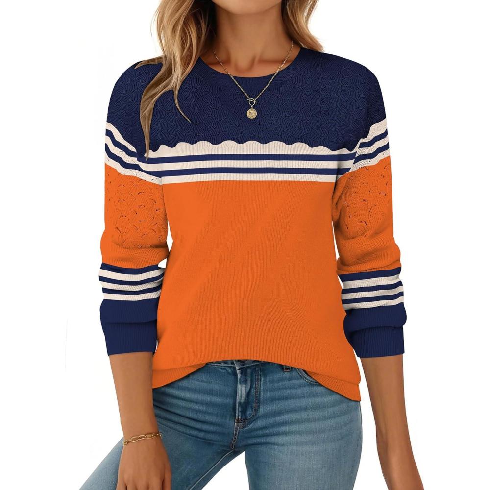imageZeagoo Fall Sweaters for Women 2025 Casual Crewneck Knit Long Sleeve Loose Pullover Sweater Outfits TopsOrange Striped