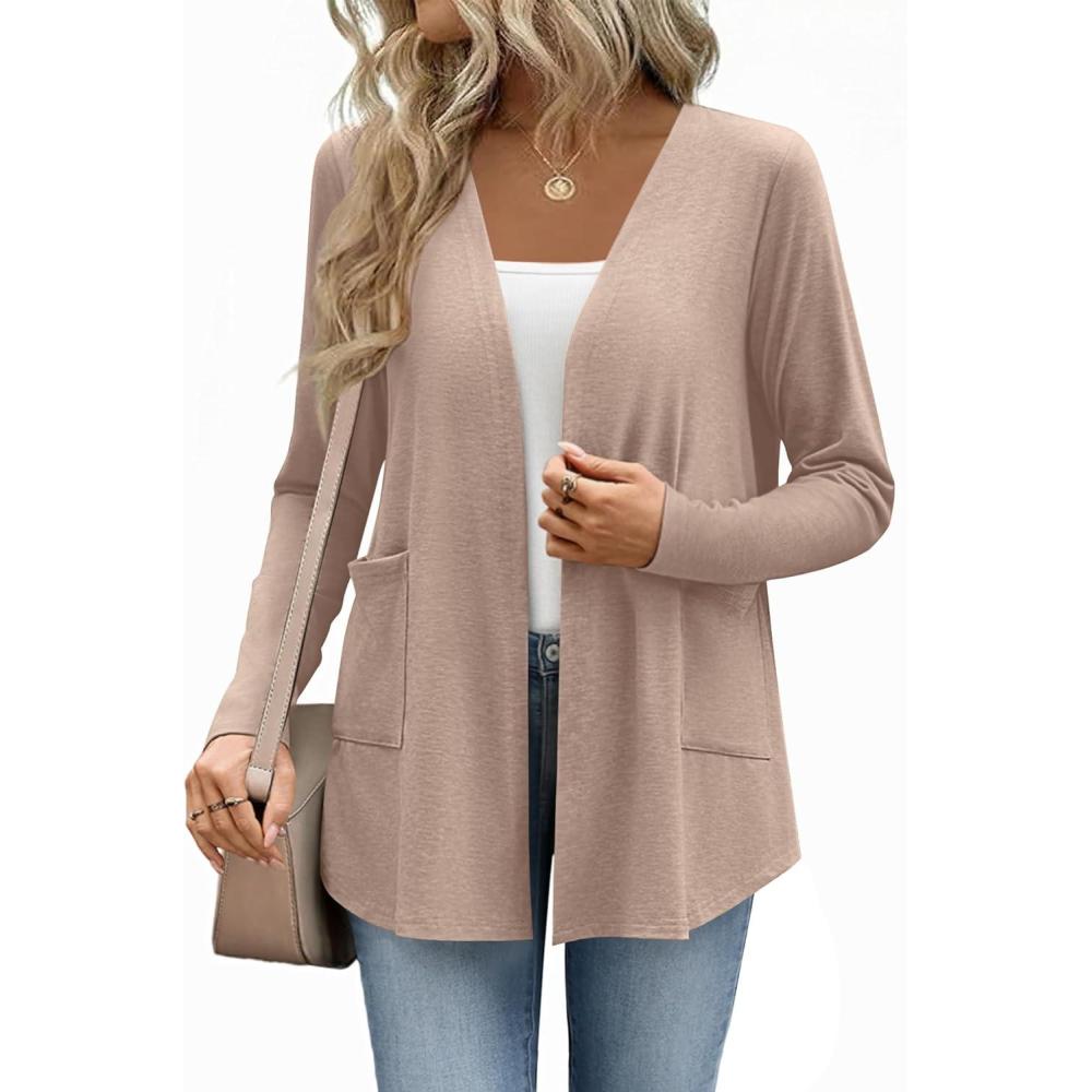 imageZeagoo Lightweight Cardigan for Women 2026 Long Sleeve Open Front Casual Cardigans with PocketsKhaki