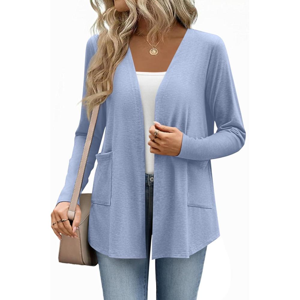 imageZeagoo Lightweight Cardigan for Women 2026 Long Sleeve Open Front Casual Cardigans with PocketsLight Blue