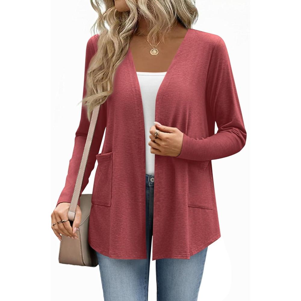 imageZeagoo Lightweight Cardigan for Women 2026 Long Sleeve Open Front Casual Cardigans with PocketsRed