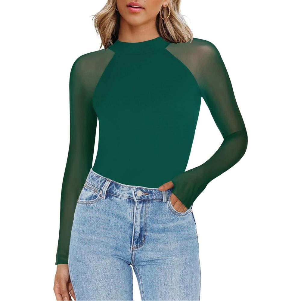 imageZeagoo Long Sleeve Shirts for Women Floral Mesh Sheer Top Mock Neck Double Lined Fitted Going Out BlousesGreen