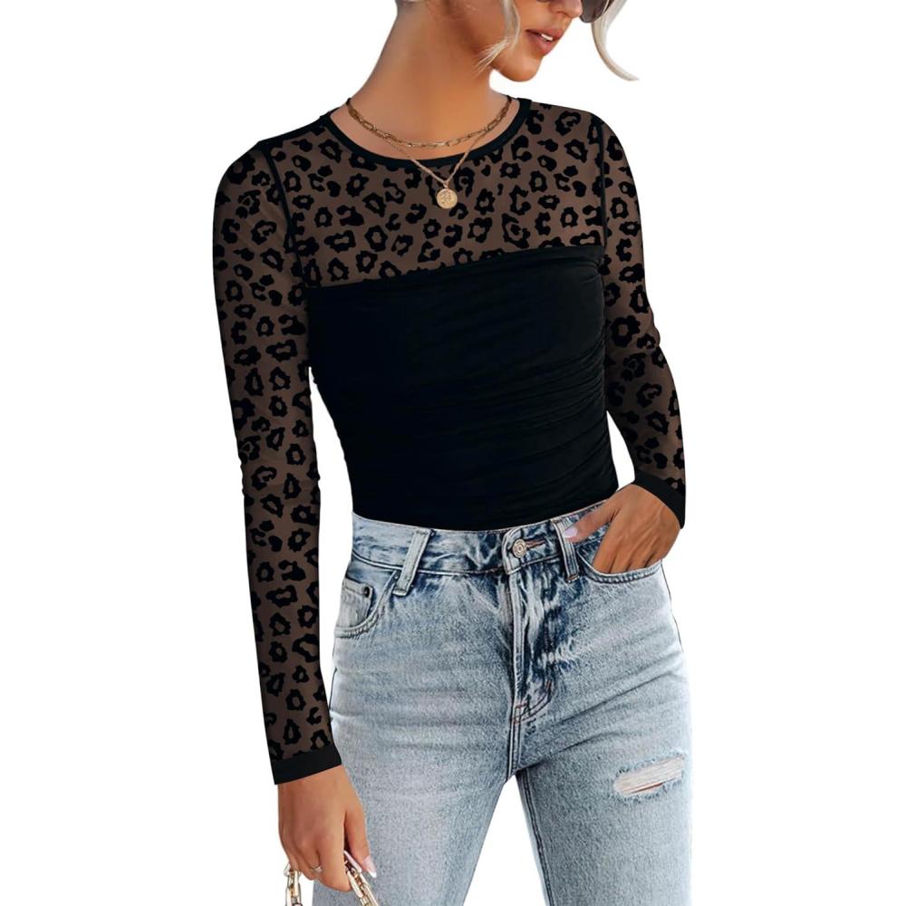 imageZeagoo Long Sleeve Shirts for Women Sheer Mesh Sexy Blouses Fall Fashion Crewneck Going Out TopsBlack Leopard Print