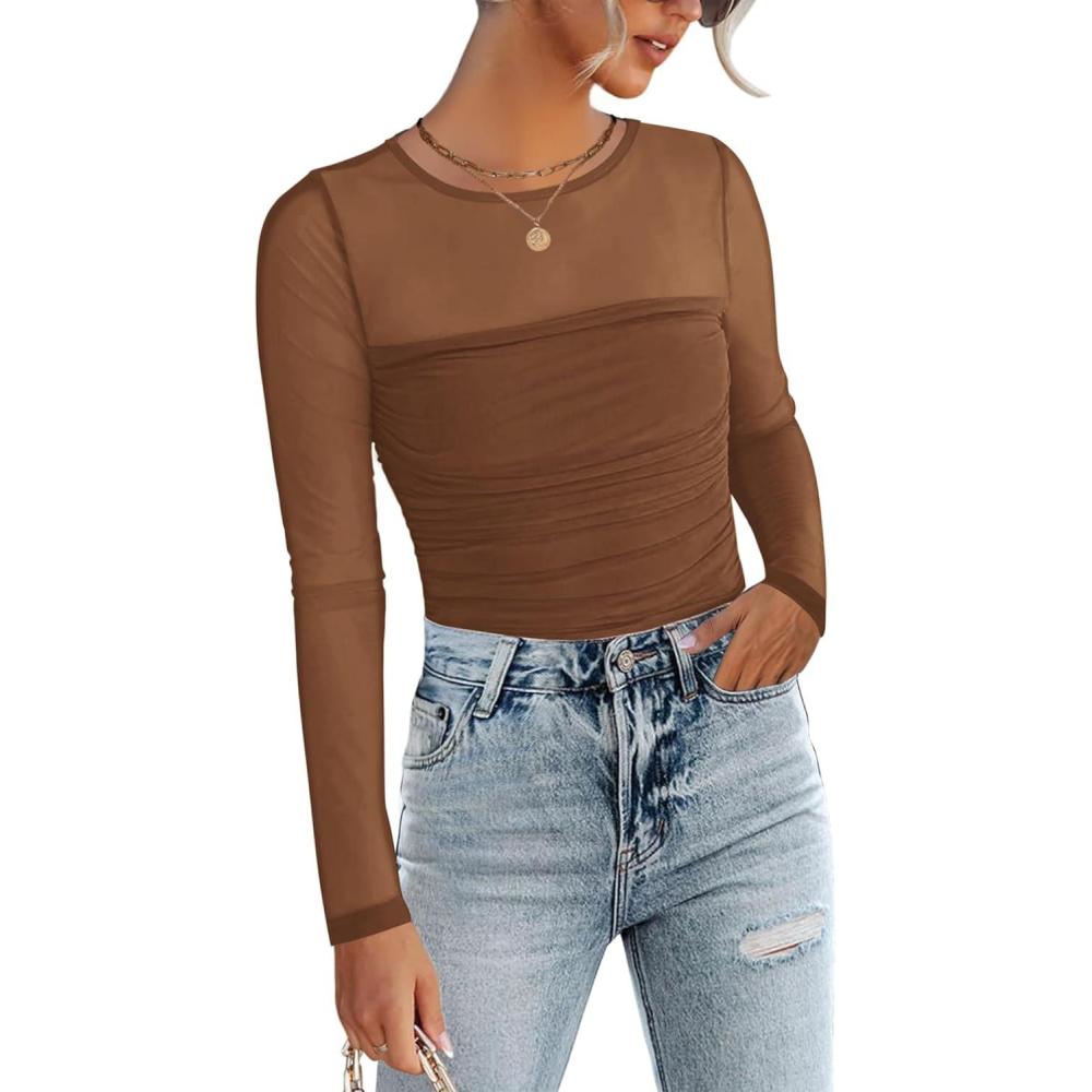 imageZeagoo Long Sleeve Shirts for Women Sheer Mesh Sexy Blouses Fall Fashion Crewneck Going Out TopsBrown