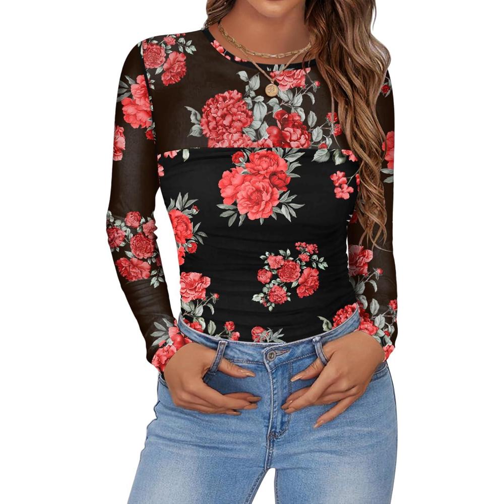 imageZeagoo Long Sleeve Shirts for Women Sheer Mesh Sexy Blouses Fall Fashion Crewneck Going Out TopsFloral Printbf300