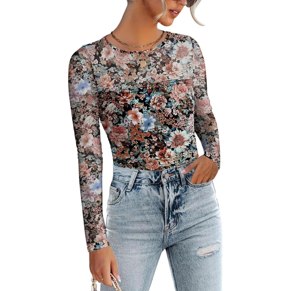 imageZeagoo Long Sleeve Shirts for Women Sheer Mesh Sexy Blouses Fall Fashion Crewneck Going Out TopsFloral Printwf66