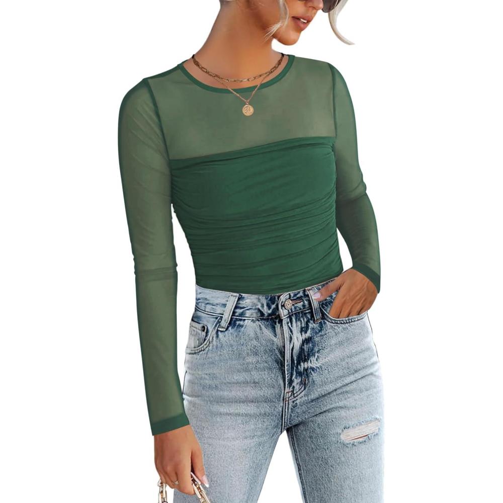 imageZeagoo Long Sleeve Shirts for Women Sheer Mesh Sexy Blouses Fall Fashion Crewneck Going Out TopsGreen