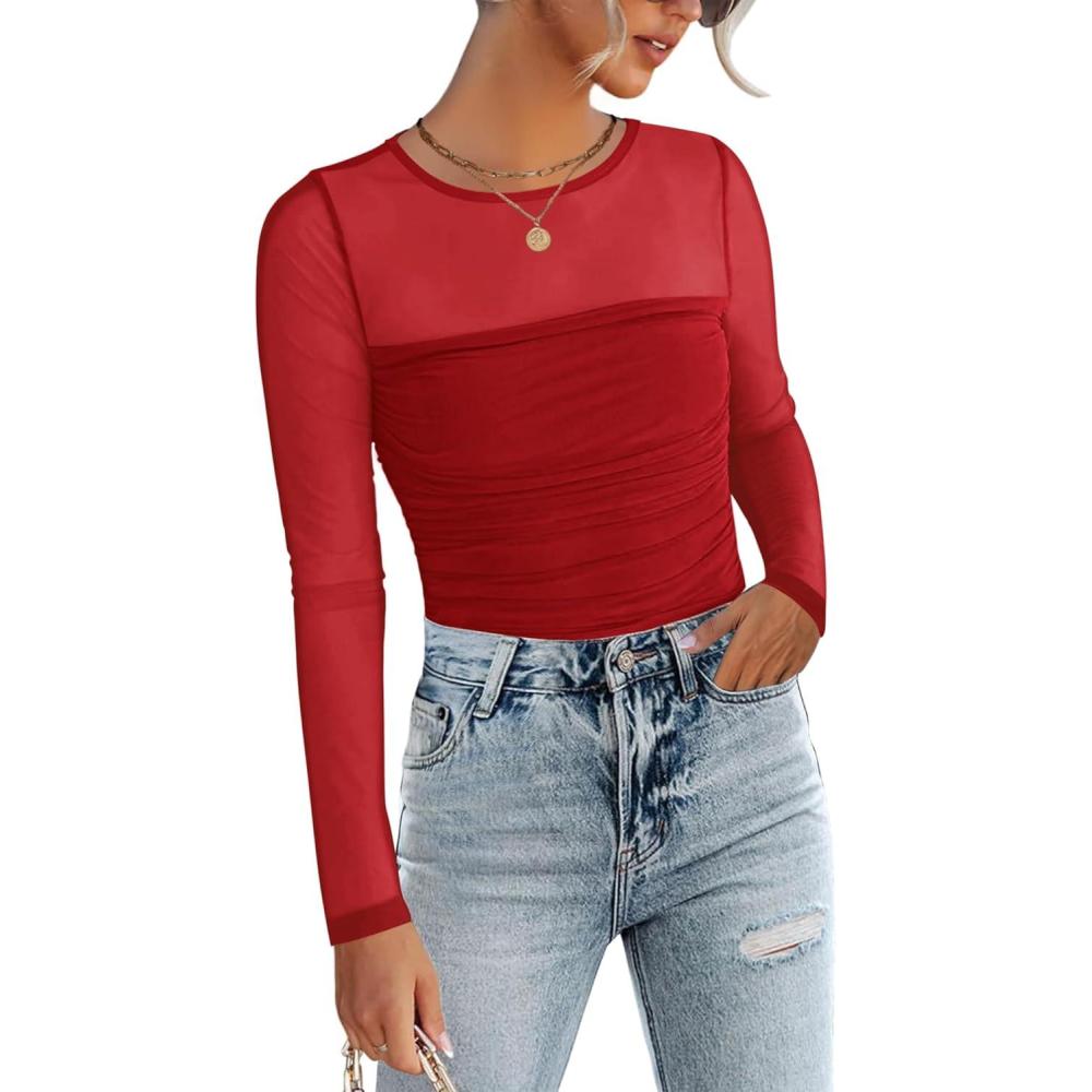 imageZeagoo Long Sleeve Shirts for Women Sheer Mesh Sexy Blouses Fall Fashion Crewneck Going Out TopsRed