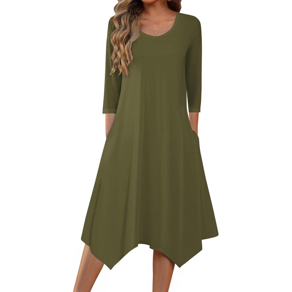 imageZeagoo Midi Dresses Women 2026 Spring Dress 34 Sleeve Casual Dresses with Pockets A Line Summer Beach SundressArmy Green