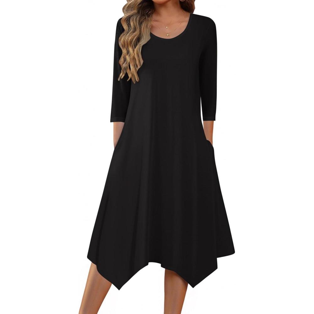 imageZeagoo Midi Dresses Women 2026 Spring Dress 34 Sleeve Casual Dresses with Pockets A Line Summer Beach SundressBlack