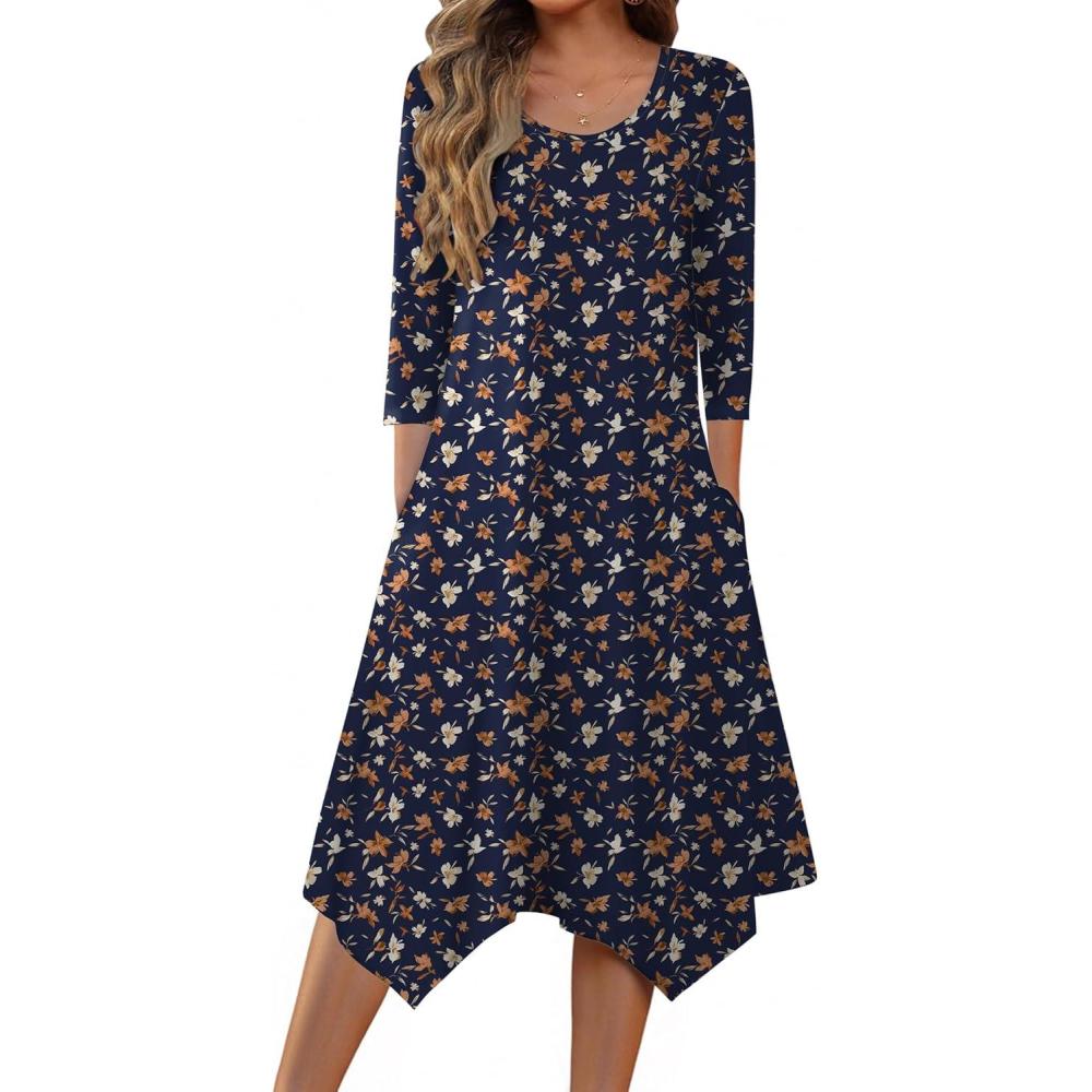 imageZeagoo Midi Dresses Women 2026 Spring Dress 34 Sleeve Casual Dresses with Pockets A Line Summer Beach SundressBlue Floral