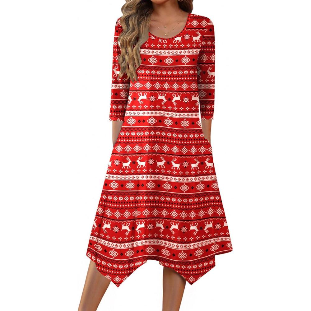 imageZeagoo Midi Dresses Women 2026 Spring Dress 34 Sleeve Casual Dresses with Pockets A Line Summer Beach SundressChristmas Elk