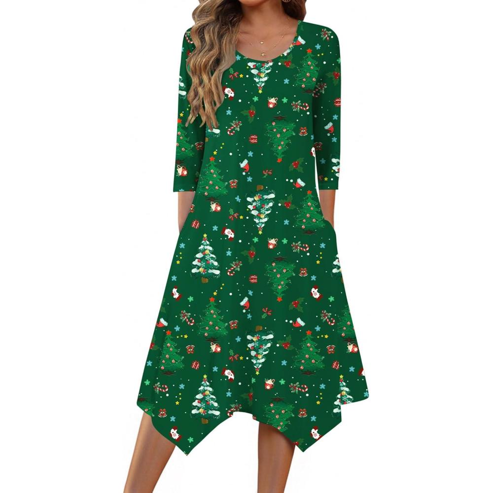imageZeagoo Midi Dresses Women 2026 Spring Dress 34 Sleeve Casual Dresses with Pockets A Line Summer Beach SundressChristmas Green