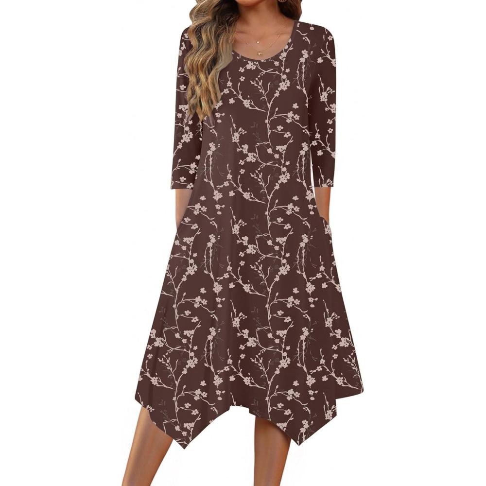 imageZeagoo Midi Dresses Women 2026 Spring Dress 34 Sleeve Casual Dresses with Pockets A Line Summer Beach SundressCoffee
