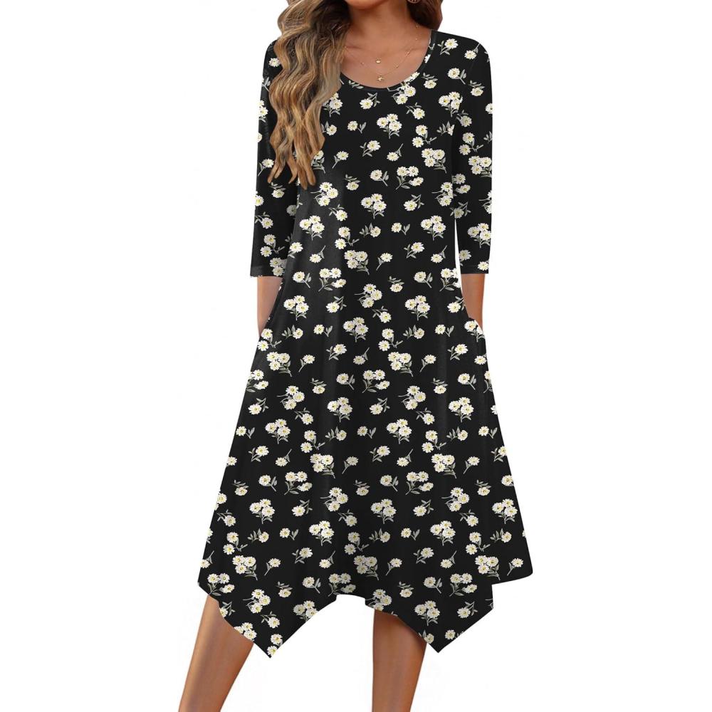 imageZeagoo Midi Dresses Women 2026 Spring Dress 34 Sleeve Casual Dresses with Pockets A Line Summer Beach SundressDaisy