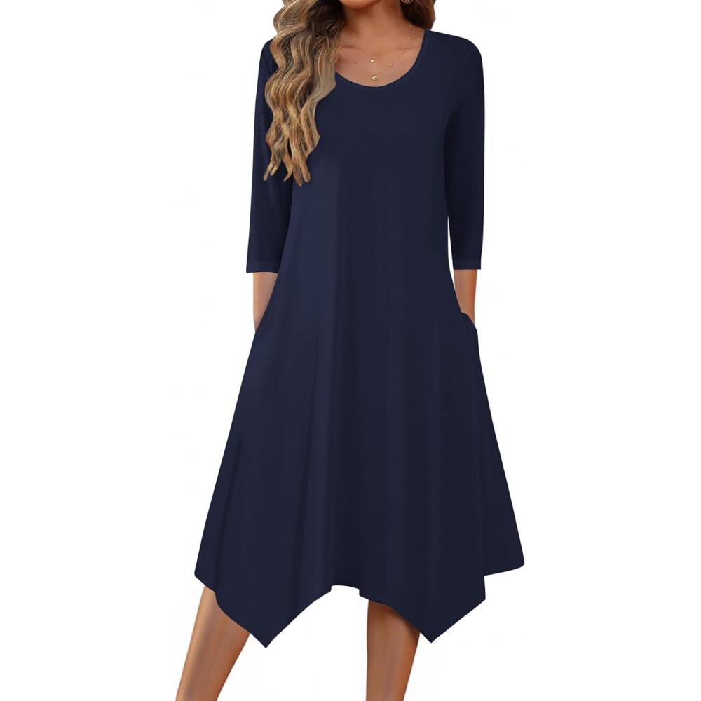 imageZeagoo Midi Dresses Women 2026 Spring Dress 34 Sleeve Casual Dresses with Pockets A Line Summer Beach SundressDark Blue